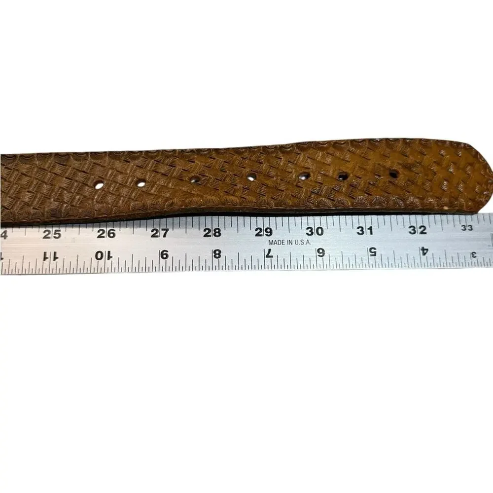 Vintage Brown Leather Basketweave Belt with Embossed Buckle Mens 29
